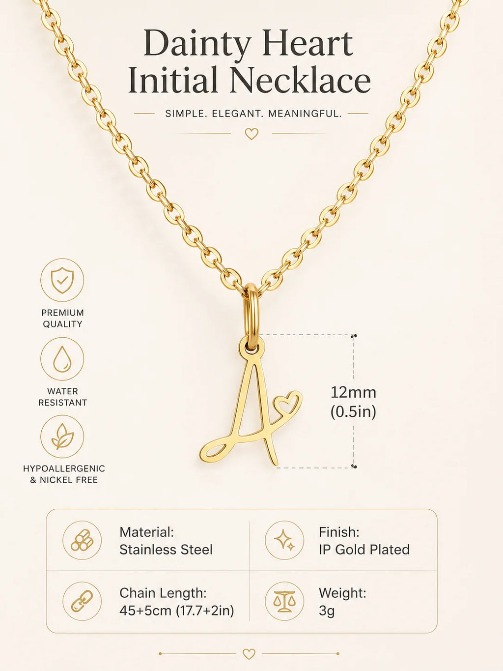 Dainty Heart Initial Necklace for Women, Gold Plated A-Z Letter Pendant, Waterproof Stainless Steel Monogram Jewelry, Personaliz