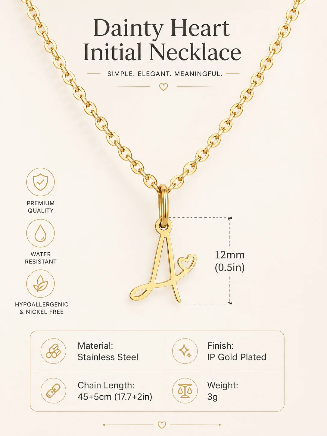 Dainty Heart Initial Necklace for Women, Gold Plated A-Z Letter Pendant, Waterproof Stainless Steel Monogram Jewelry, Personaliz