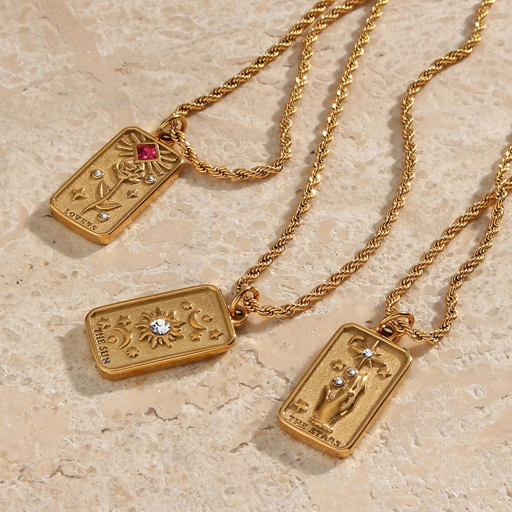 E.B.belle Stainless Steel Tarnish Free Jewelry Tarot Necklace Star Moon Rose Sun Design Pendant Waterproof Necklaces For Women