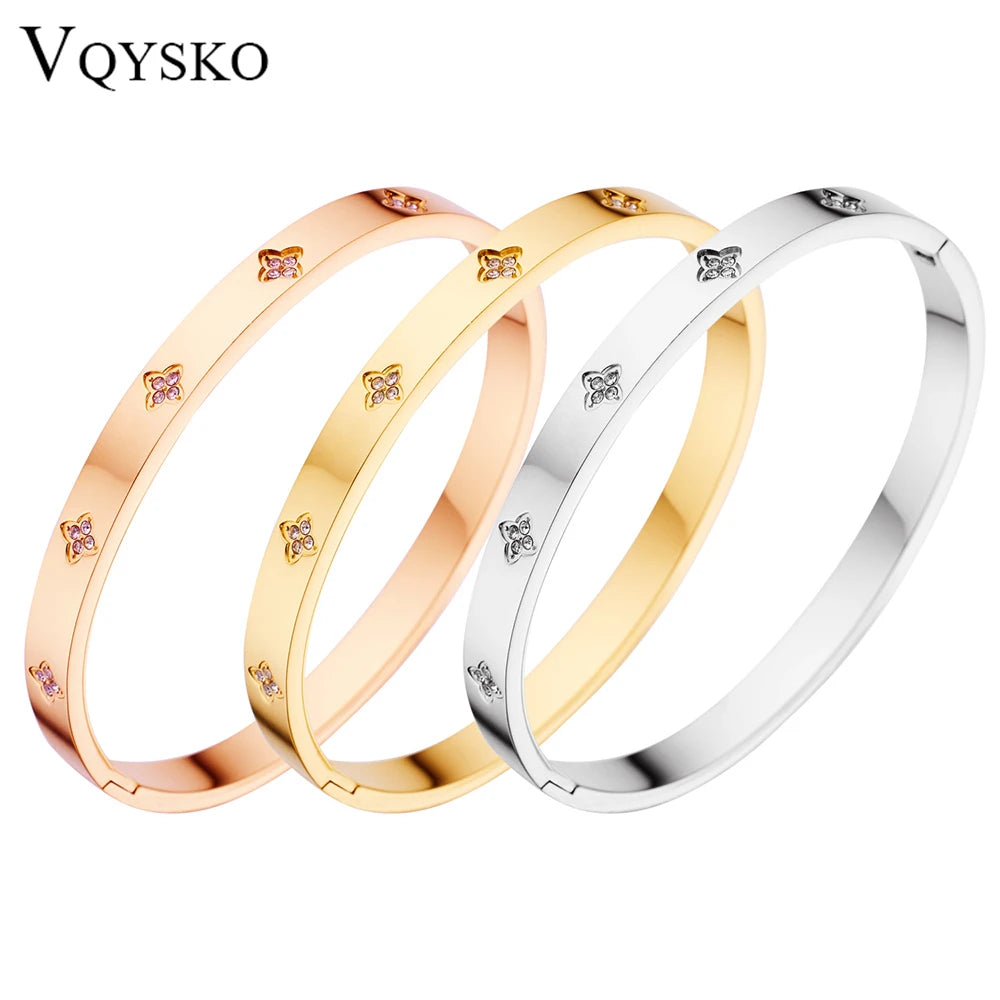 VQYSKO Lucky Four Leaf Grass Zircon Bracelets Luxury Design Rose Color Stainless Steel  For Women Birthday Gift