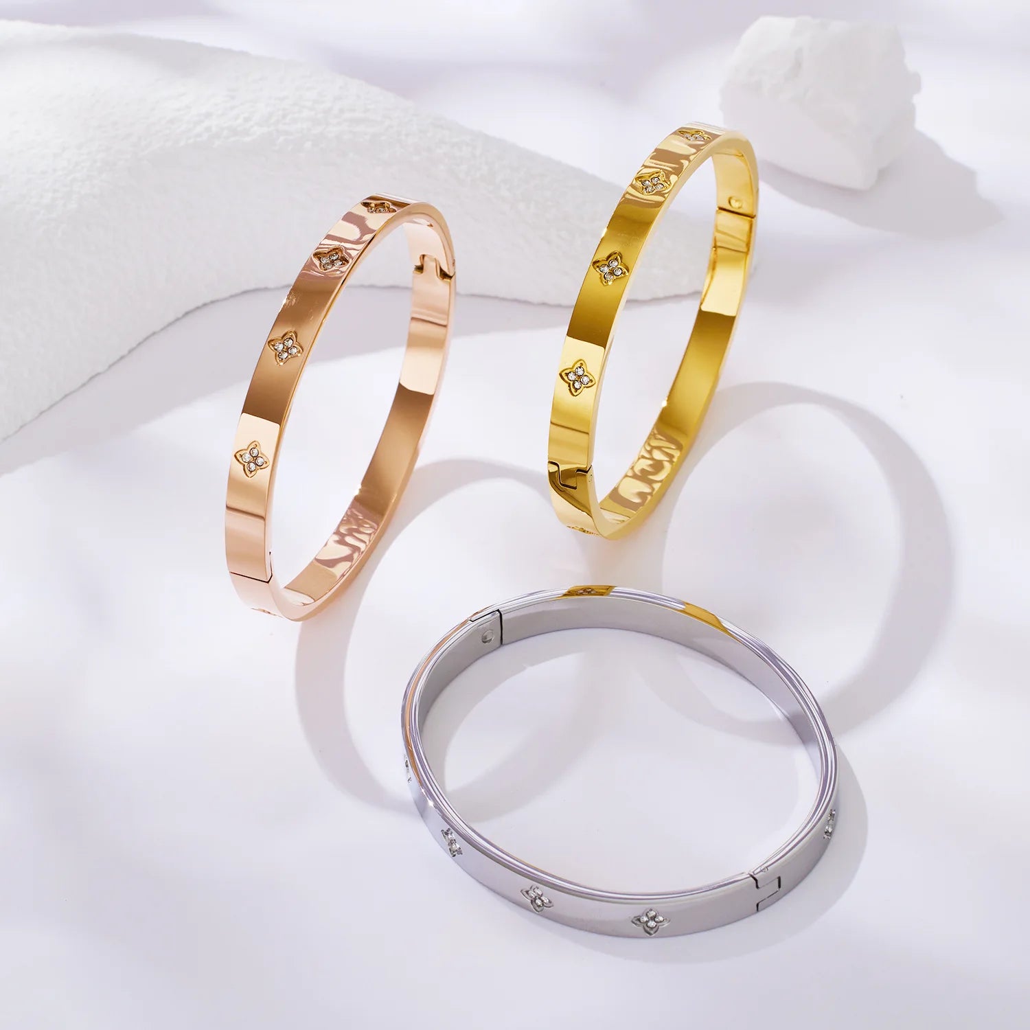 VQYSKO Lucky Four Leaf Grass Zircon Bracelets Luxury Design Rose Color Stainless Steel  For Women Birthday Gift