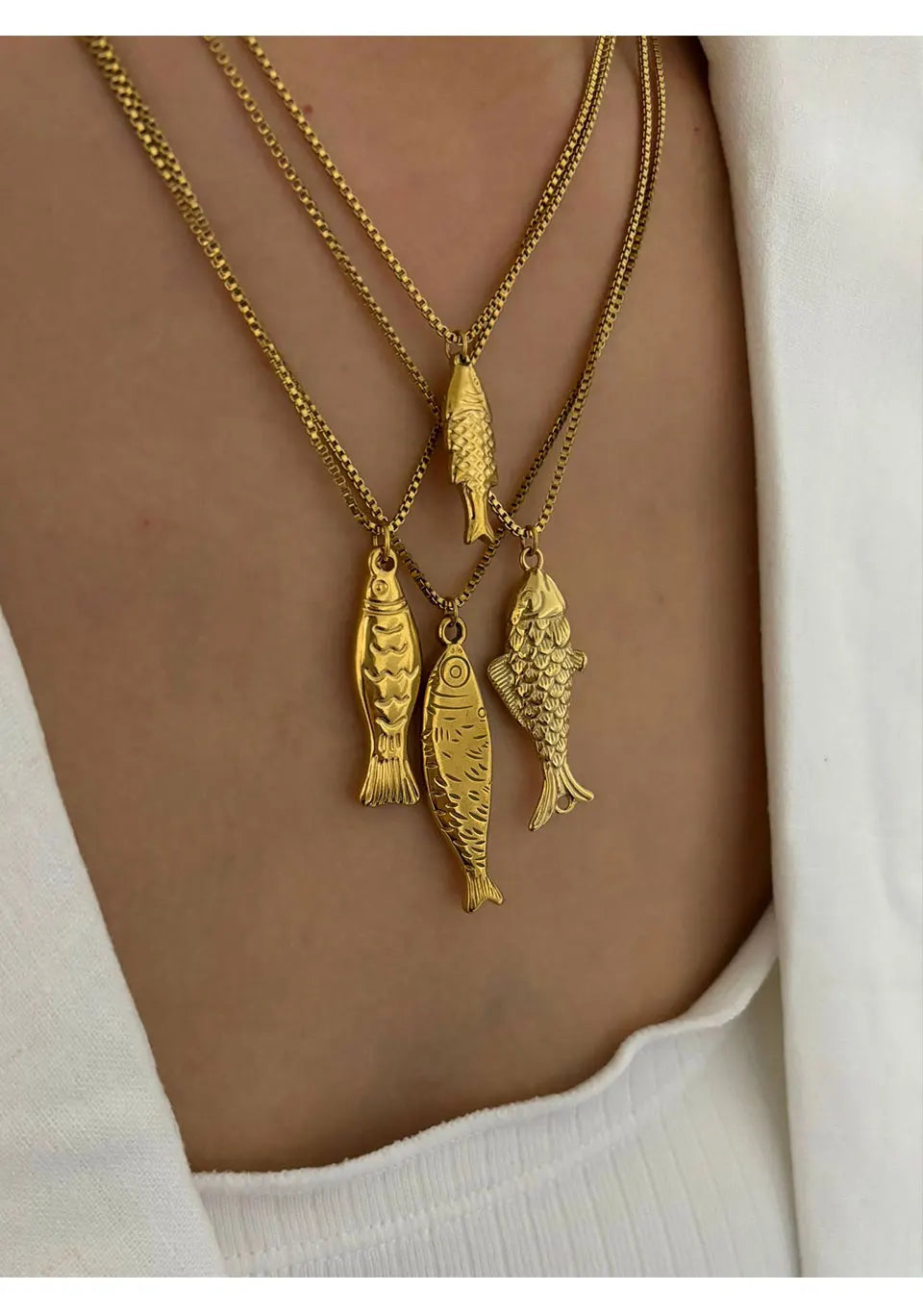Peri'sbox Trendy 4 Designs Stainless Steel 18K Gold Plated Fish Pendant Necklace for Women Waterproof Beach Party Jewelry Summer