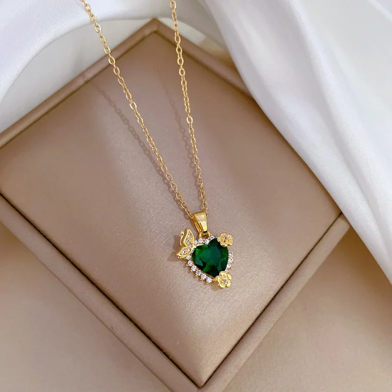 Luxury Full Zicron Shiny Heart Necklace for Women Titanium Steel Gold Color Anti-Tarnish Romantic Pendant Necklace