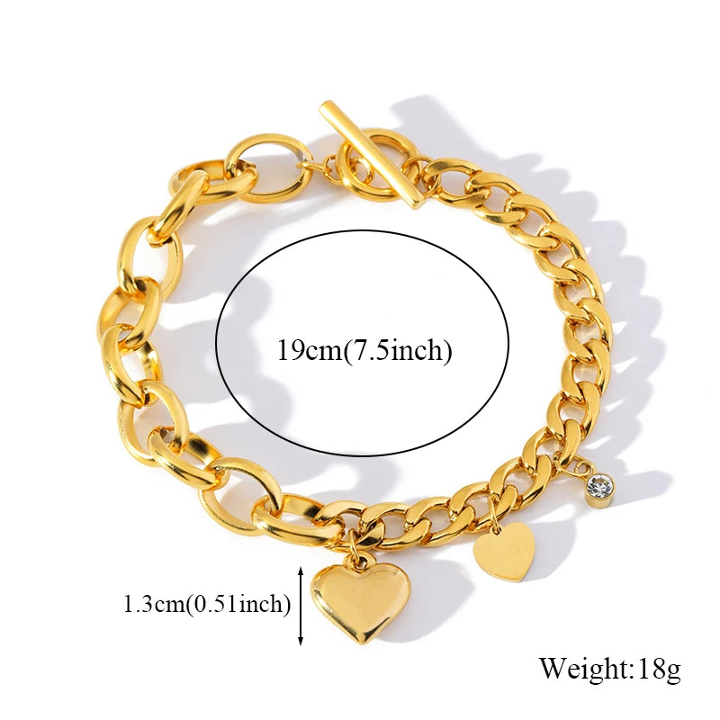 EILIECK 316L Stainless Steel Gold Color Bracelet Bangle Jewelry Charm Metal Texture 18 K Plated Heart Wrist Chain for Women