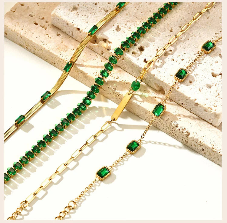 Retro Green Zircon Pendant Necklace For Women, Crystal Stone Chain Stainless Steel Gold Plated Luxury Birthday Gifts