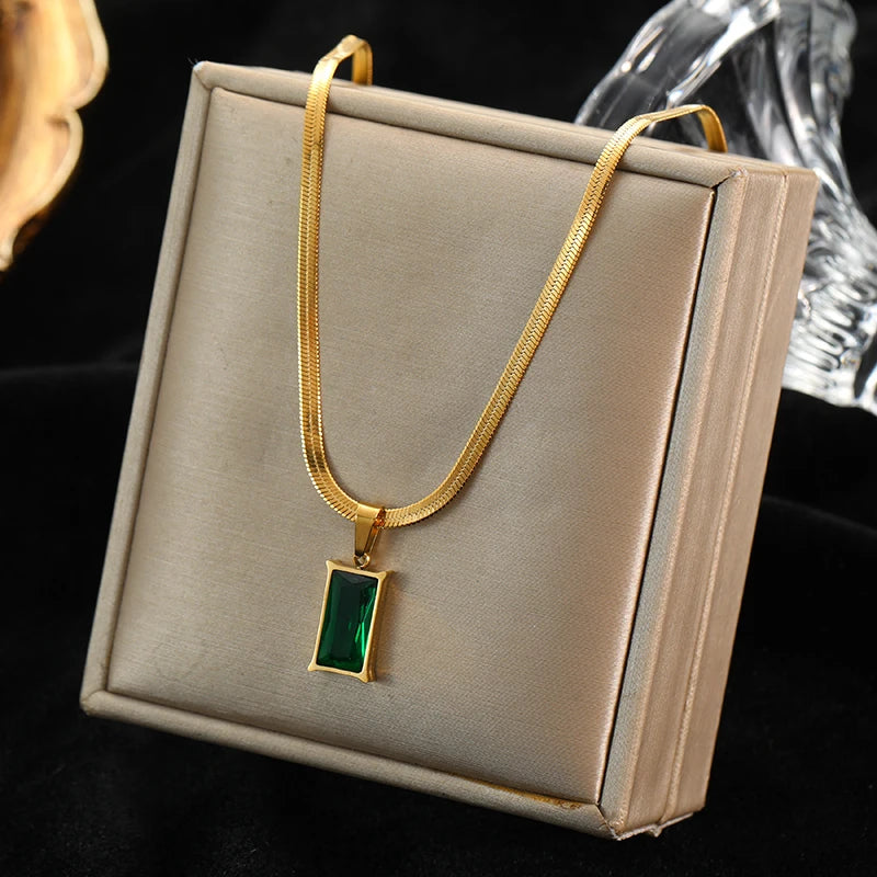 EILIECK 316L Stainless Steel Green Zirconia Crystal Necklace For Women Fashion Luxury Chain Choker Jewelry Party Wedding Gifts