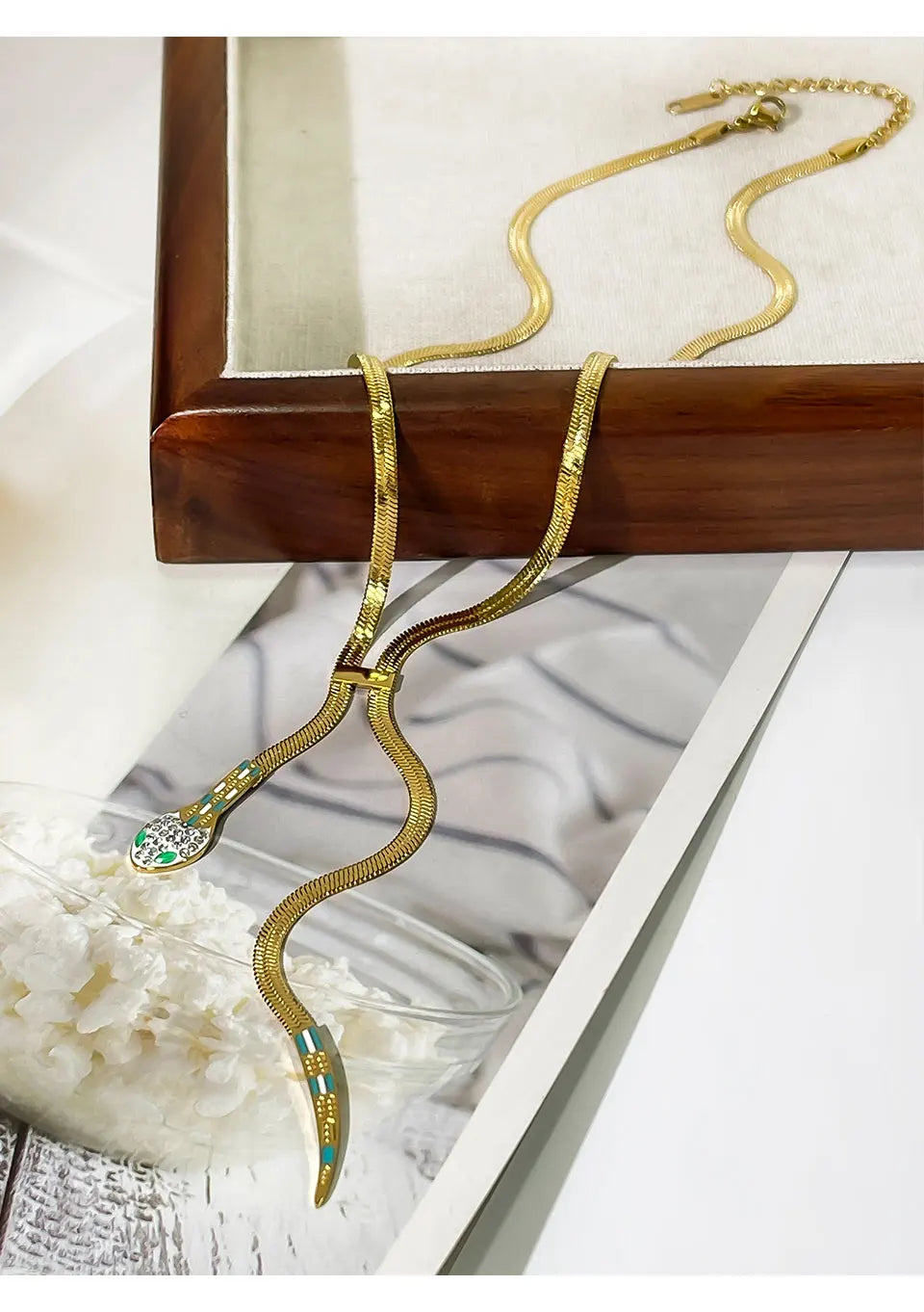 Peri'sbox Dainty Clear Rhinestone Solid Gold Plated Flat Snake Chain Tassel Necklace Stainless Steel Waterproof Women's Jewelry