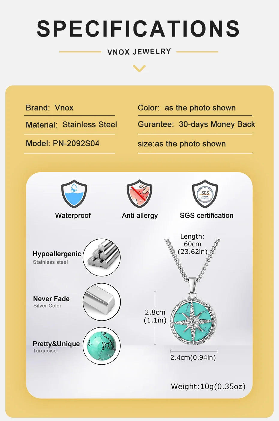 Vnox Turquoise Pendant Necklace for Men, Stainless Steel Box Chain Geometric Square Compass Natural Stone Vintage Jewelry Gift