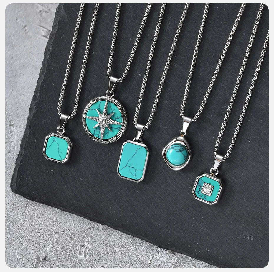 Vnox Turquoise Pendant Necklace for Men, Stainless Steel Box Chain Geometric Square Compass Natural Stone Vintage Jewelry Gift