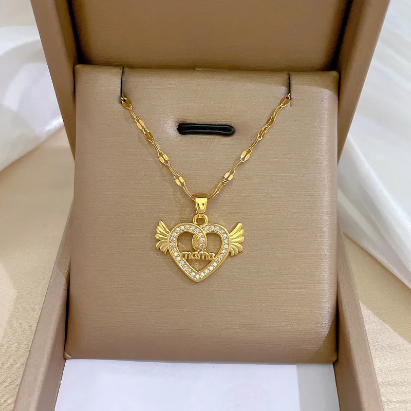Luxury Full Zicron Shiny Heart Necklace for Women Titanium Steel Gold Color Anti-Tarnish Romantic Pendant Necklace