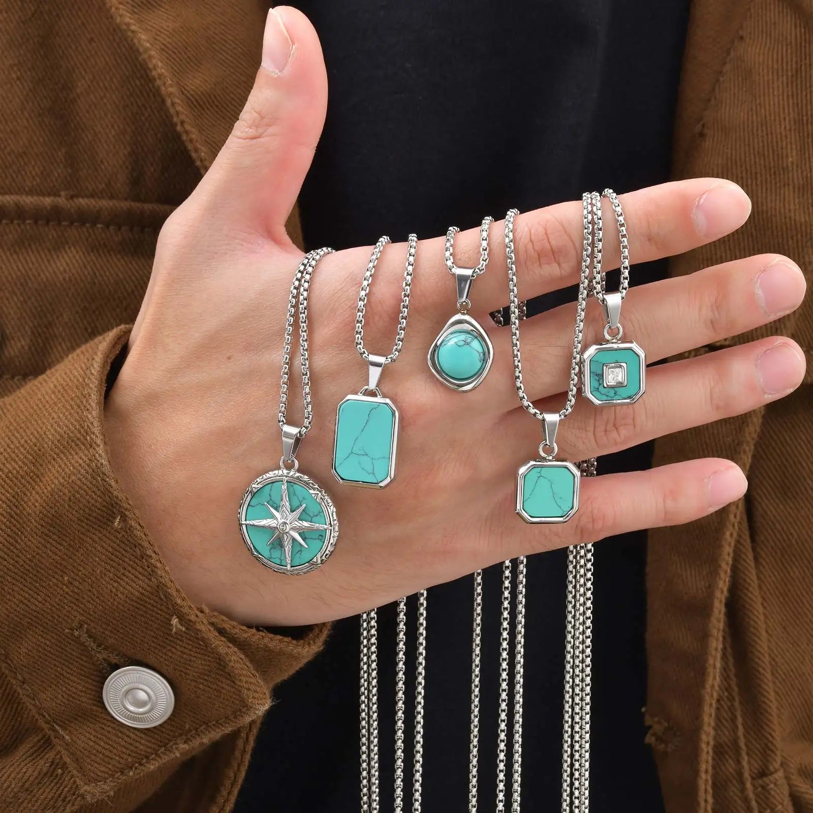 Vnox Turquoise Pendant Necklace for Men, Stainless Steel Box Chain Geometric Square Compass Natural Stone Vintage Jewelry Gift