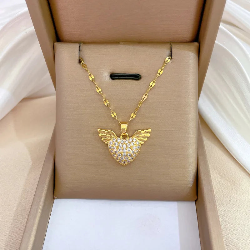 Luxury Full Zicron Shiny Heart Necklace for Women Titanium Steel Gold Color Anti-Tarnish Romantic Pendant Necklace