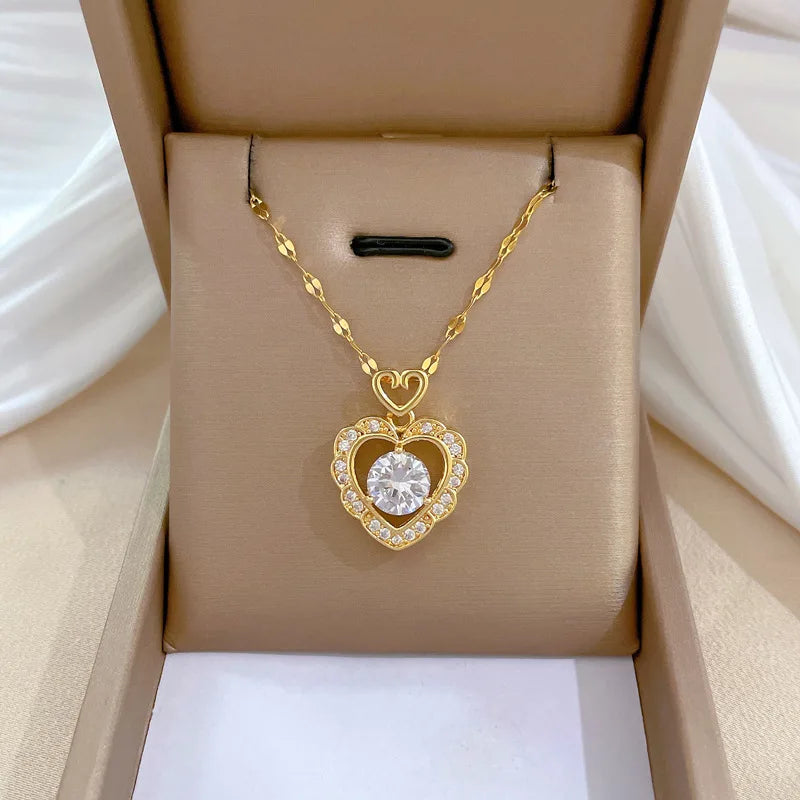 Luxury Full Zicron Shiny Heart Necklace for Women Titanium Steel Gold Color Anti-Tarnish Romantic Pendant Necklace