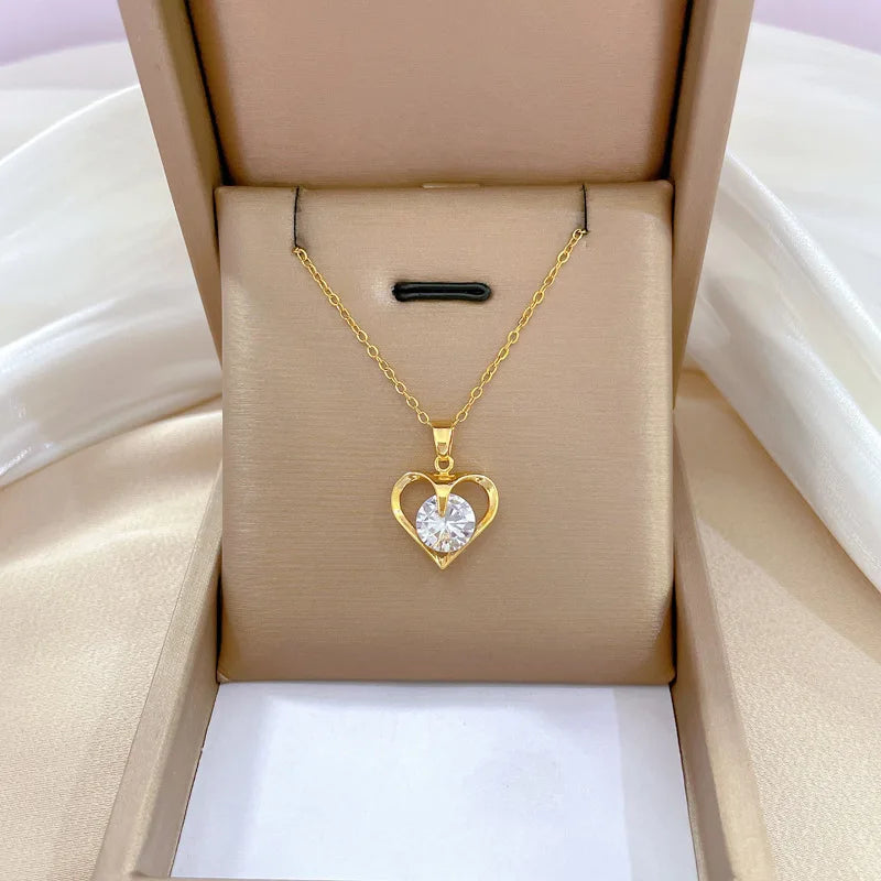 Luxury Full Zicron Shiny Heart Necklace for Women Titanium Steel Gold Color Anti-Tarnish Romantic Pendant Necklace