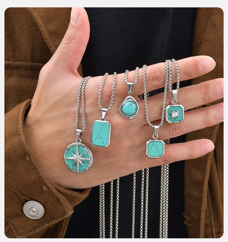 Vnox Turquoise Pendant Necklace for Men, Stainless Steel Box Chain Geometric Square Compass Natural Stone Vintage Jewelry Gift