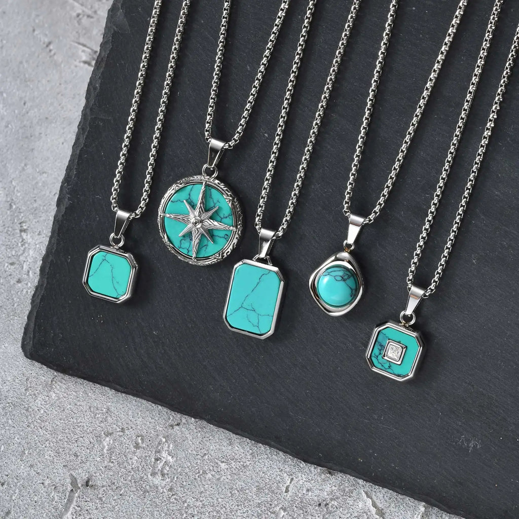 Vnox Turquoise Pendant Necklace for Men, Stainless Steel Box Chain Geometric Square Compass Natural Stone Vintage Jewelry Gift