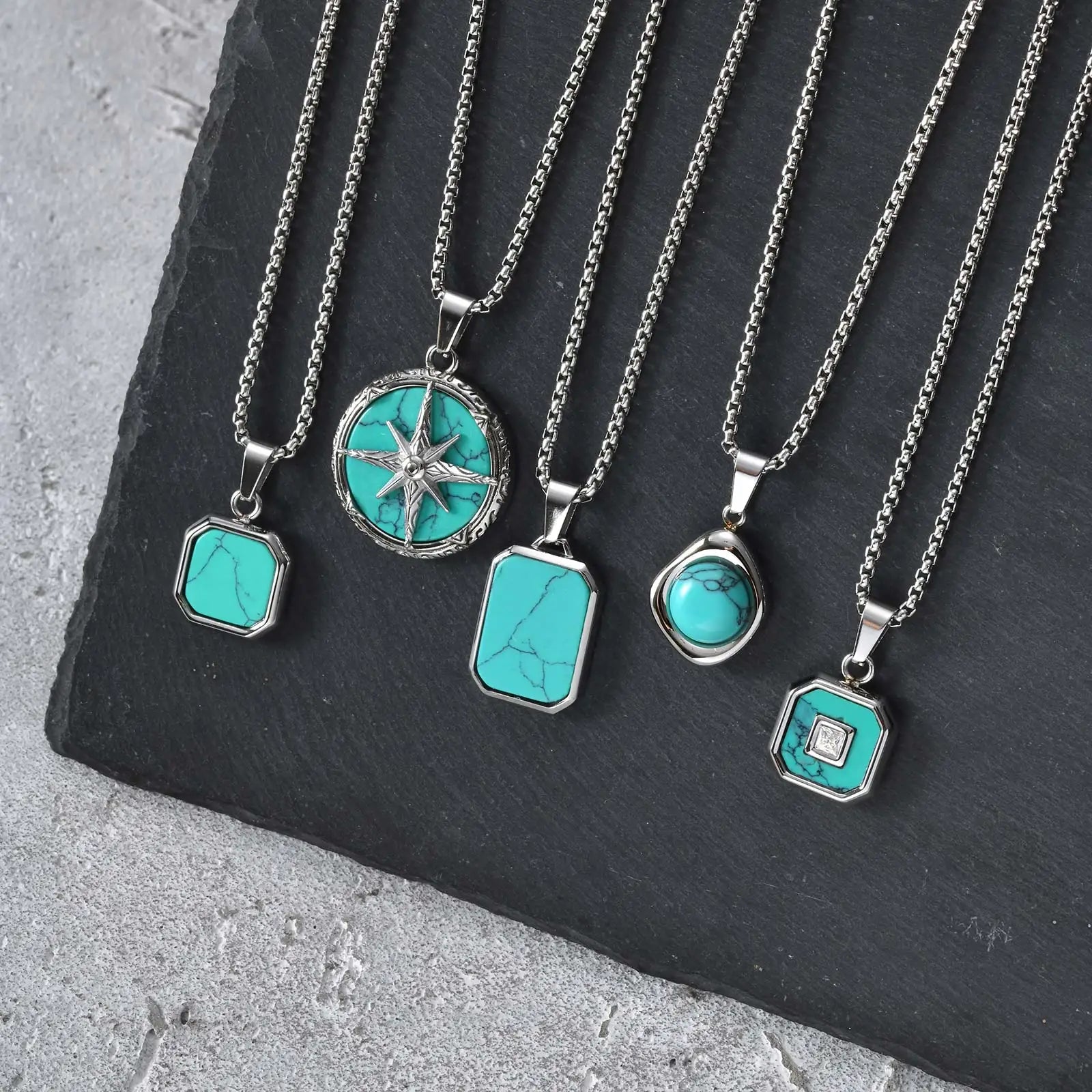 Vnox Turquoise Pendant Necklace for Men, Stainless Steel Box Chain Geometric Square Compass Natural Stone Vintage Jewelry Gift