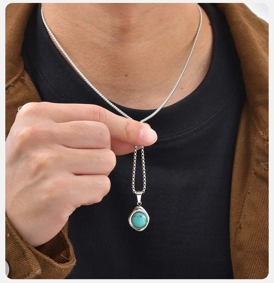 Vnox Turquoise Pendant Necklace for Men, Stainless Steel Box Chain Geometric Square Compass Natural Stone Vintage Jewelry Gift