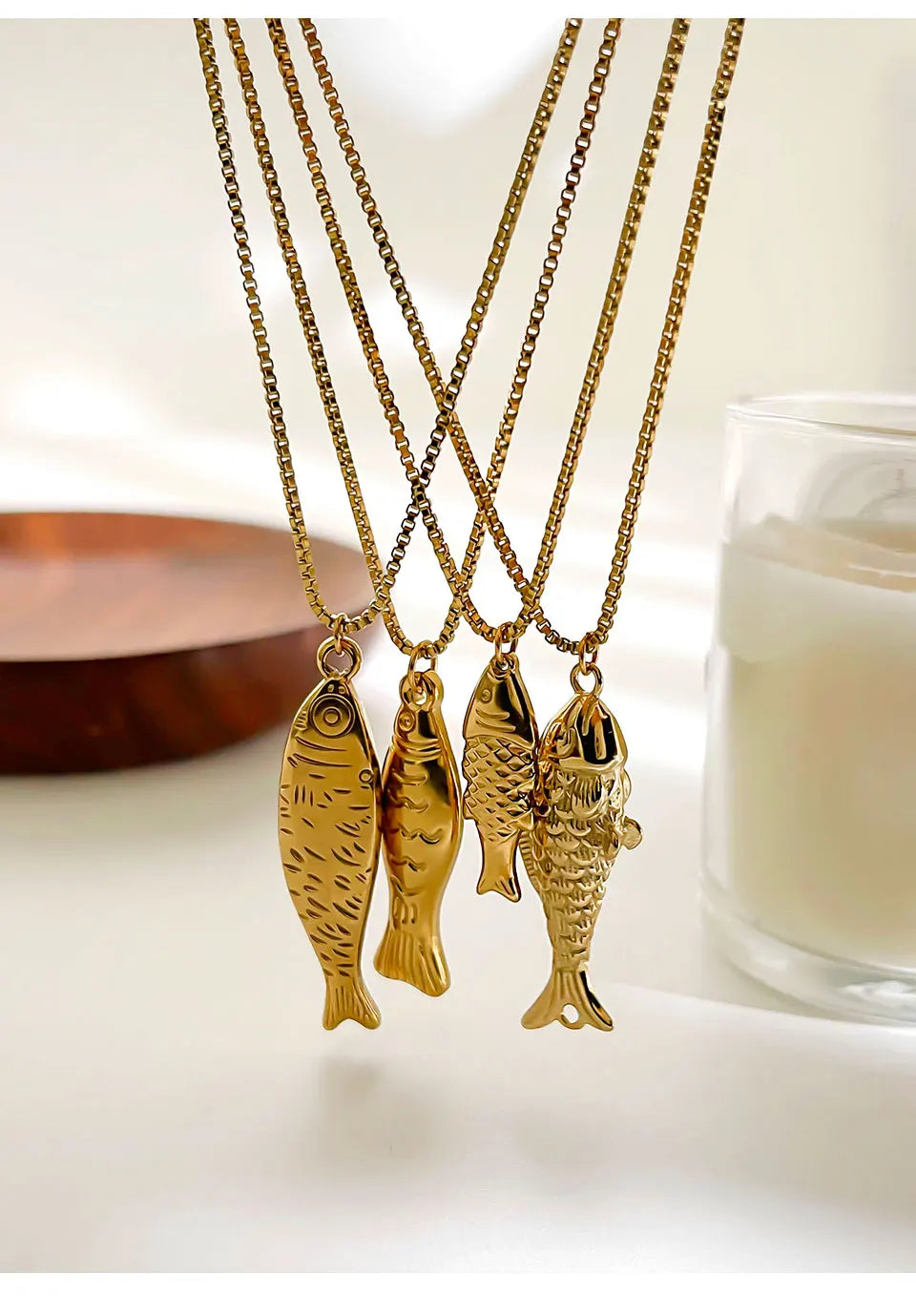 Peri'sbox Trendy 4 Designs Stainless Steel 18K Gold Plated Fish Pendant Necklace for Women Waterproof Beach Party Jewelry Summer
