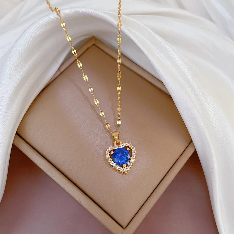 Luxury Full Zicron Shiny Heart Necklace for Women Titanium Steel Gold Color Anti-Tarnish Romantic Pendant Necklace