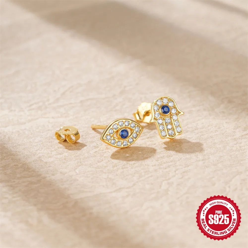 925 Sterling Silver Blue Zircon Evil Eye Stud Earrings for Women Hamsa Fatima's Hand Turkish Eye Earrings Piercing Jewelry