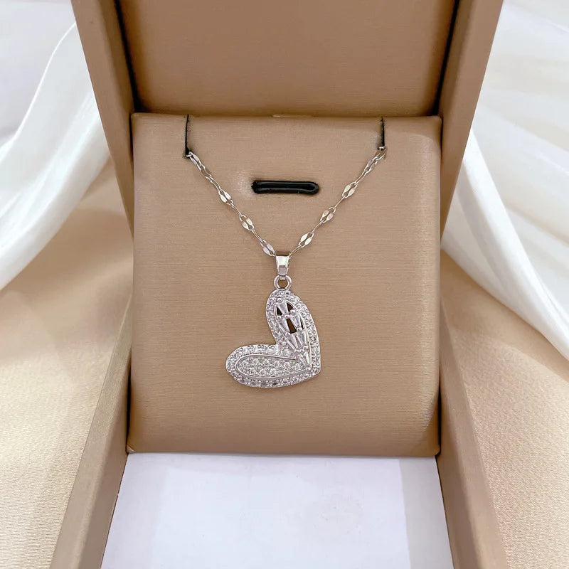 Luxury Full Zicron Shiny Heart Necklace for Women Titanium Steel Gold Color Anti-Tarnish Romantic Pendant Necklace