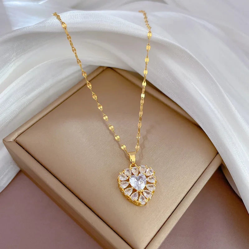 Luxury Full Zicron Shiny Heart Necklace for Women Titanium Steel Gold Color Anti-Tarnish Romantic Pendant Necklace