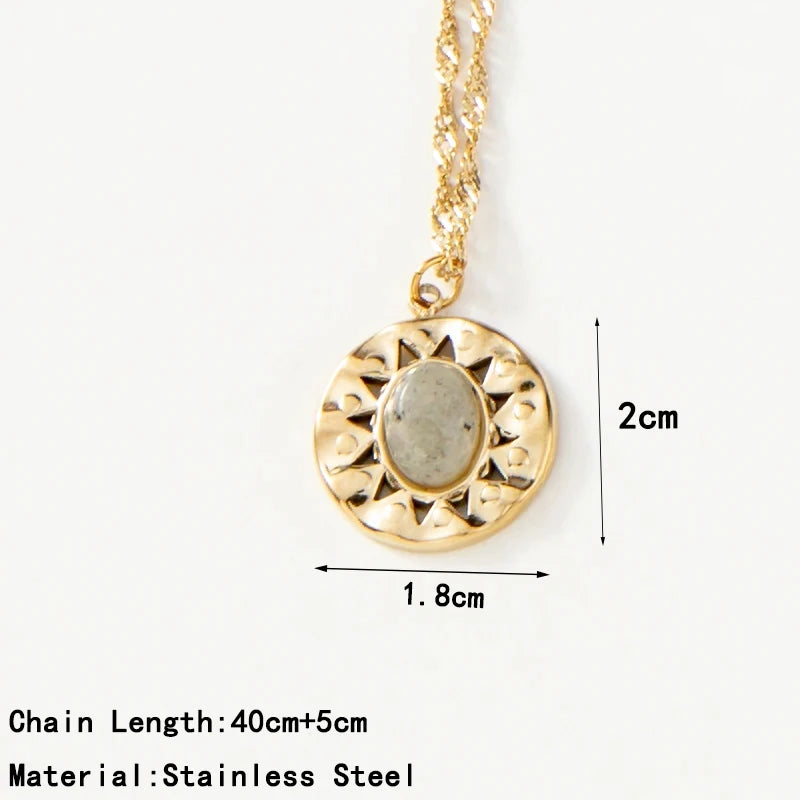 Stainless Steel Snake Chain Round Oval Evil Eye Charms Pendant Neckalce For Women Inlaid Natural Stone Clavicle Necklace Jewelry