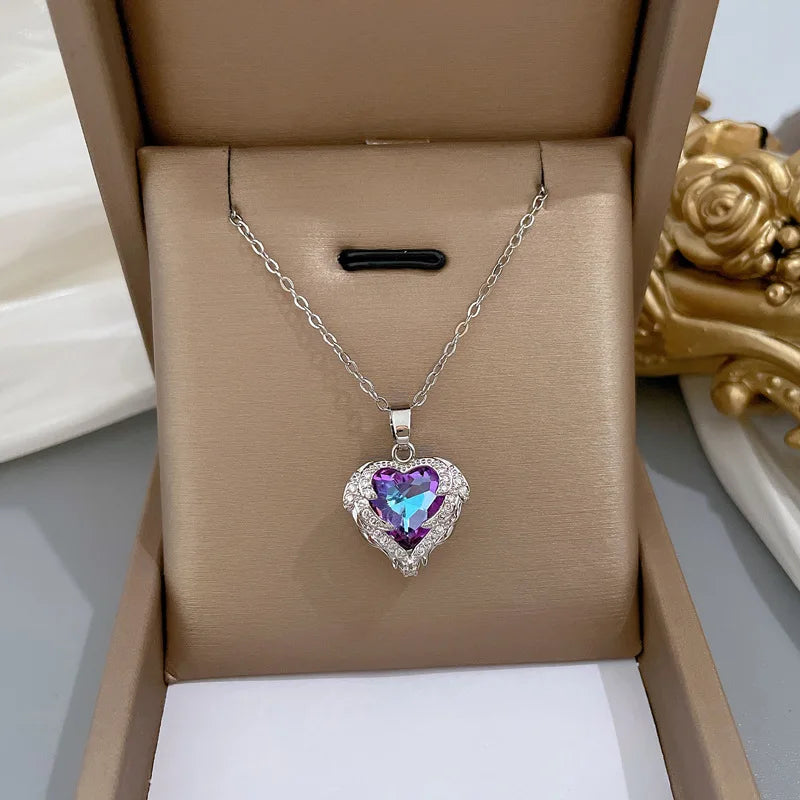 Luxury Full Zicron Shiny Heart Necklace for Women Titanium Steel Gold Color Anti-Tarnish Romantic Pendant Necklace