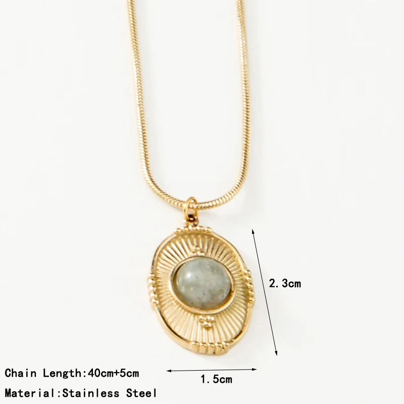 Stainless Steel Snake Chain Round Oval Evil Eye Charms Pendant Neckalce For Women Inlaid Natural Stone Clavicle Necklace Jewelry
