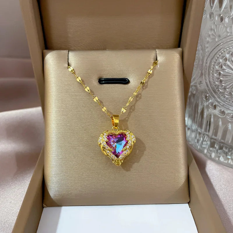 Luxury Full Zicron Shiny Heart Necklace for Women Titanium Steel Gold Color Anti-Tarnish Romantic Pendant Necklace