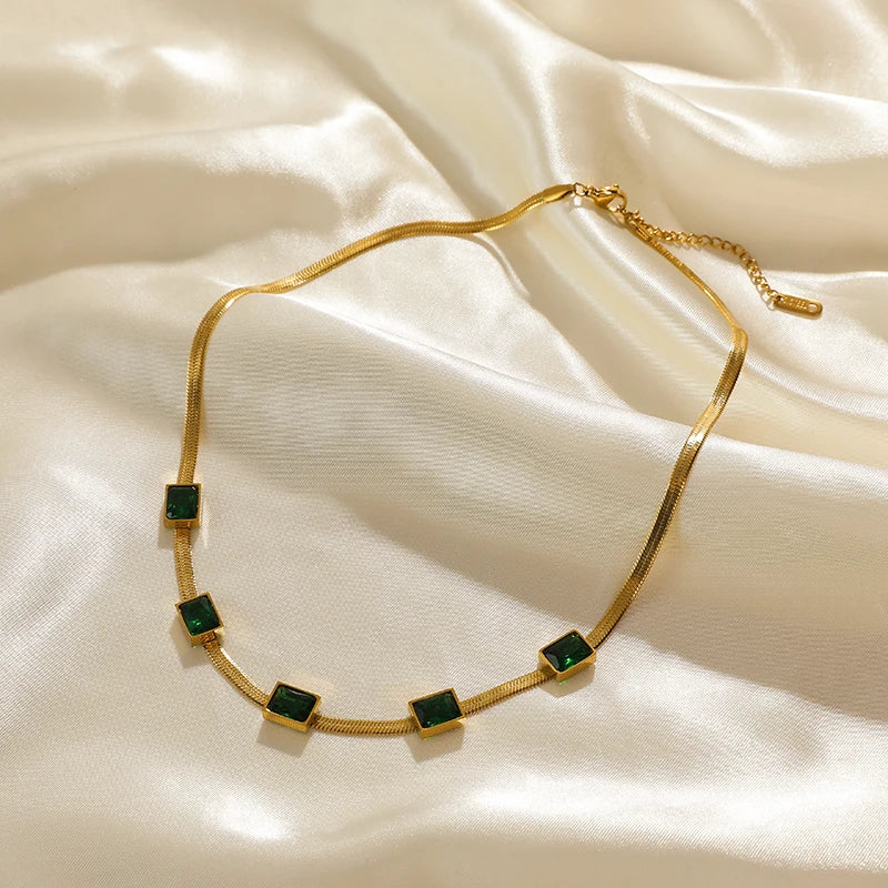 EILIECK 316L Stainless Steel Green Zirconia Crystal Necklace For Women Fashion Luxury Chain Choker Jewelry Party Wedding Gifts