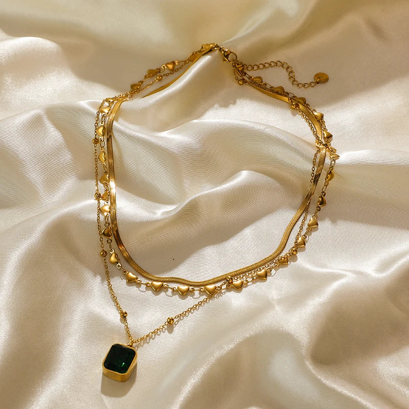 EILIECK 316L Stainless Steel Green Zirconia Crystal Necklace For Women Fashion Luxury Chain Choker Jewelry Party Wedding Gifts