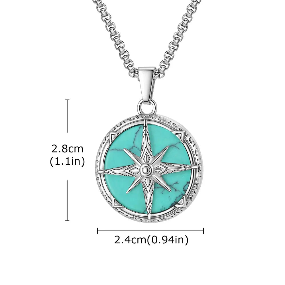 Vnox Turquoise Pendant Necklace for Men, Stainless Steel Box Chain Geometric Square Compass Natural Stone Vintage Jewelry Gift