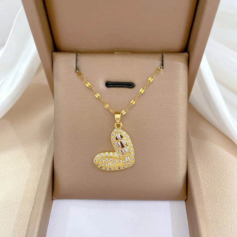 Luxury Full Zicron Shiny Heart Necklace for Women Titanium Steel Gold Color Anti-Tarnish Romantic Pendant Necklace