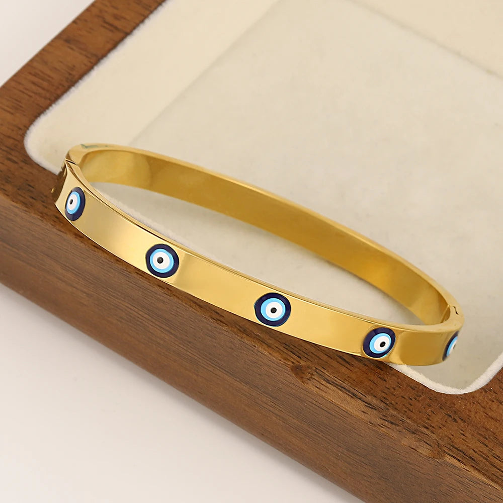 1pcs Gold Plated Bracelets For Women Men Evil Eye Simple Slim Bracelets Stainless Steel Cuff Bracelets Daily Party Jewelry Gifts