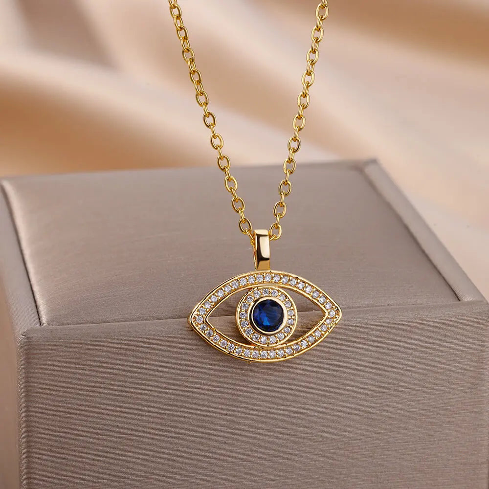 Zircon Blue Evil Eye Necklace for Women Gold Color Stainless Steel Turkish Eye Pendant Necklaces Lucky Jewelry Gift collier femm