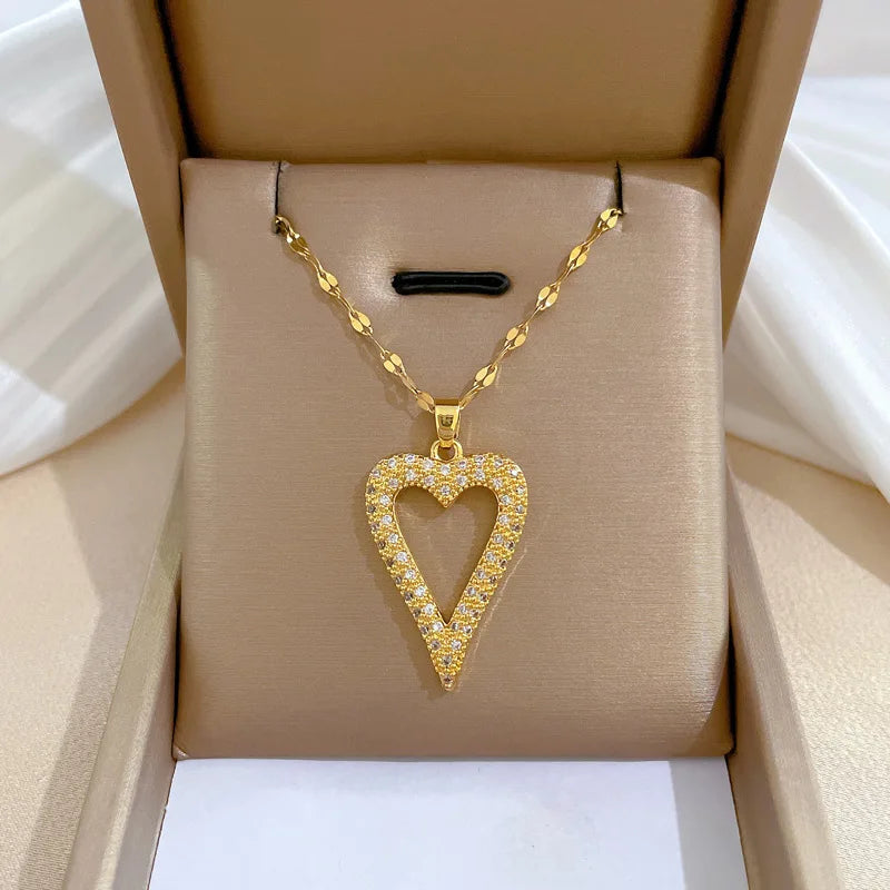 Luxury Full Zicron Shiny Heart Necklace for Women Titanium Steel Gold Color Anti-Tarnish Romantic Pendant Necklace