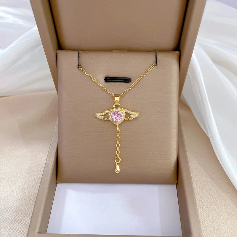 Luxury Full Zicron Shiny Heart Necklace for Women Titanium Steel Gold Color Anti-Tarnish Romantic Pendant Necklace
