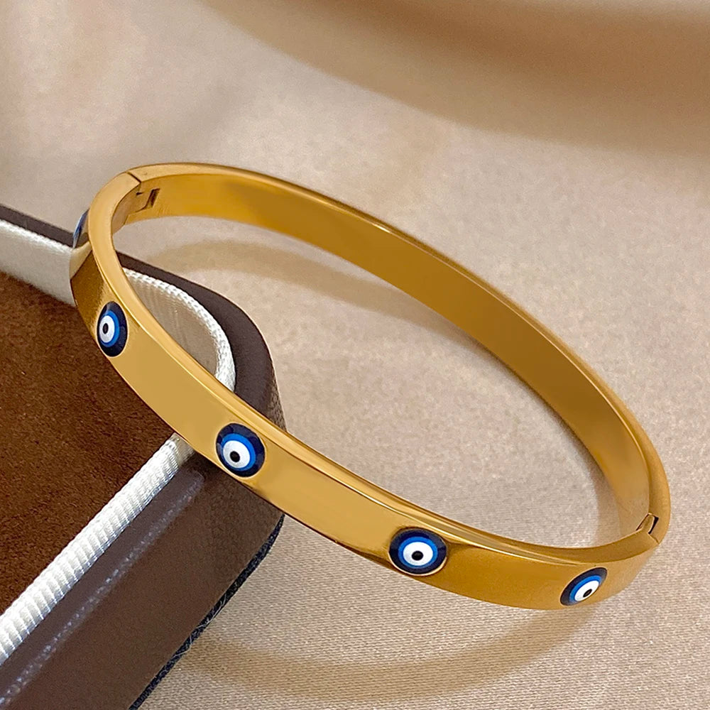 1pcs Gold Plated Bracelets For Women Men Evil Eye Simple Slim Bracelets Stainless Steel Cuff Bracelets Daily Party Jewelry Gifts