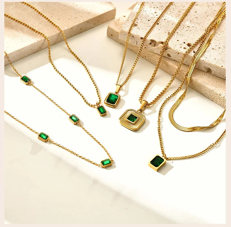 Retro Green Zircon Pendant Necklace For Women, Crystal Stone Chain Stainless Steel Gold Plated Luxury Birthday Gifts