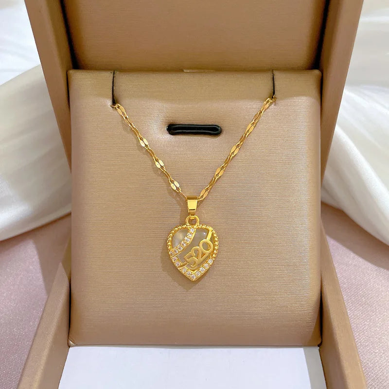 Luxury Full Zicron Shiny Heart Necklace for Women Titanium Steel Gold Color Anti-Tarnish Romantic Pendant Necklace