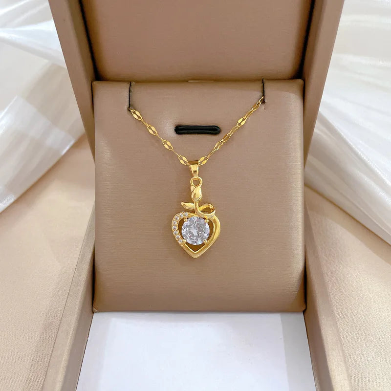 Luxury Full Zicron Shiny Heart Necklace for Women Titanium Steel Gold Color Anti-Tarnish Romantic Pendant Necklace