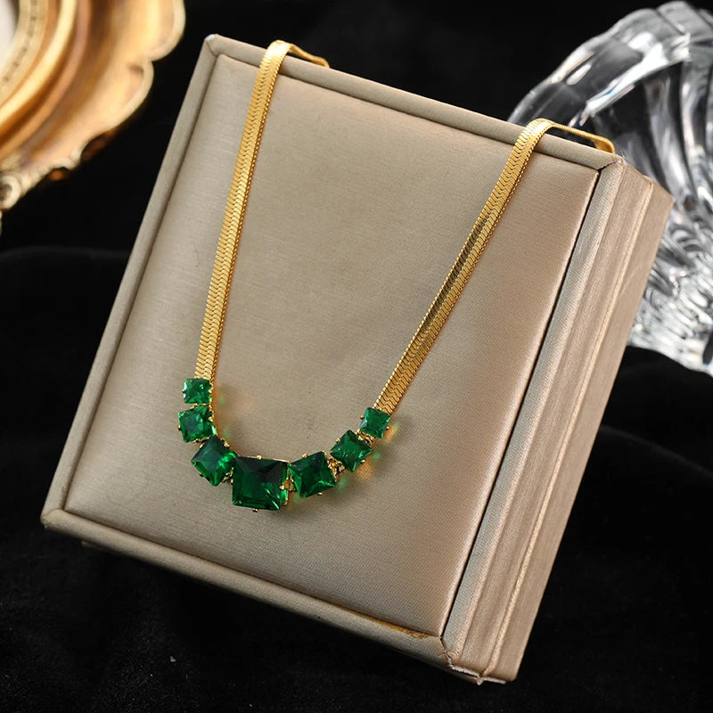 EILIECK 316L Stainless Steel Green Zirconia Crystal Necklace For Women Fashion Luxury Chain Choker Jewelry Party Wedding Gifts