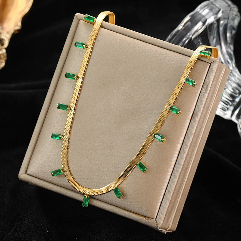 EILIECK 316L Stainless Steel Green Zirconia Crystal Necklace For Women Fashion Luxury Chain Choker Jewelry Party Wedding Gifts