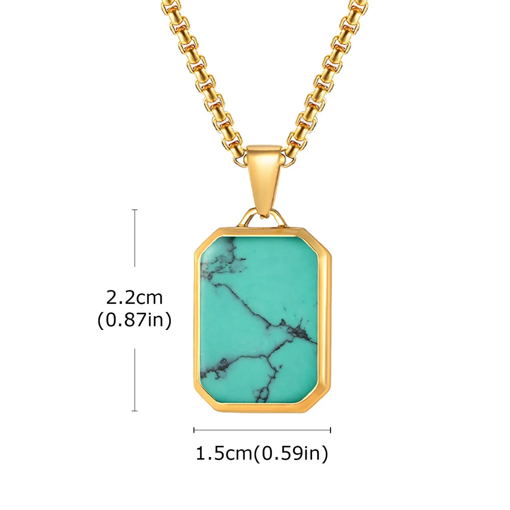 Vnox Turquoise Pendant Necklace for Men, Stainless Steel Box Chain Geometric Square Compass Natural Stone Vintage Jewelry Gift