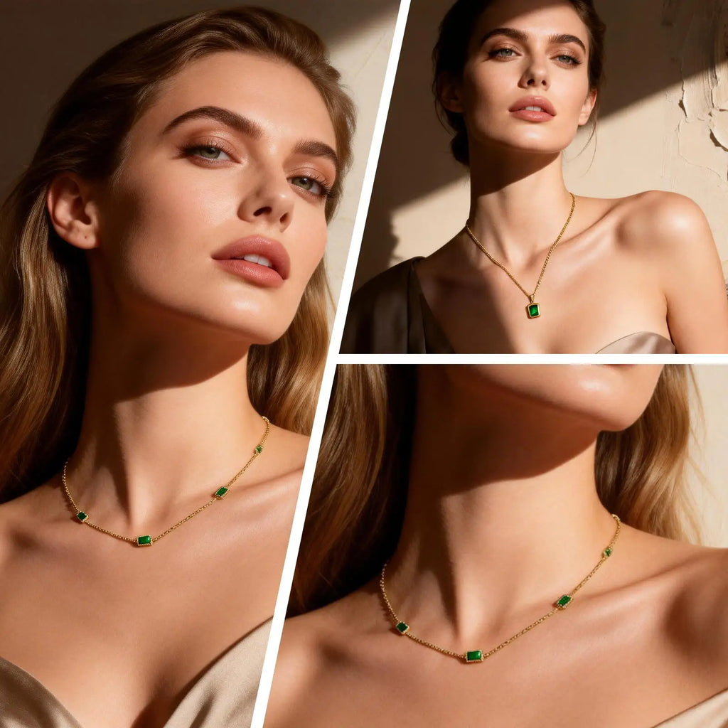 Retro Green Zircon Pendant Necklace For Women, Crystal Stone Chain Stainless Steel Gold Plated Luxury Birthday Gifts