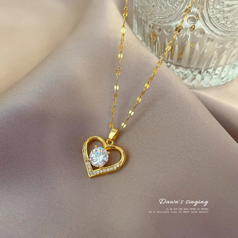 Luxury Full Zicron Shiny Heart Necklace for Women Titanium Steel Gold Color Anti-Tarnish Romantic Pendant Necklace