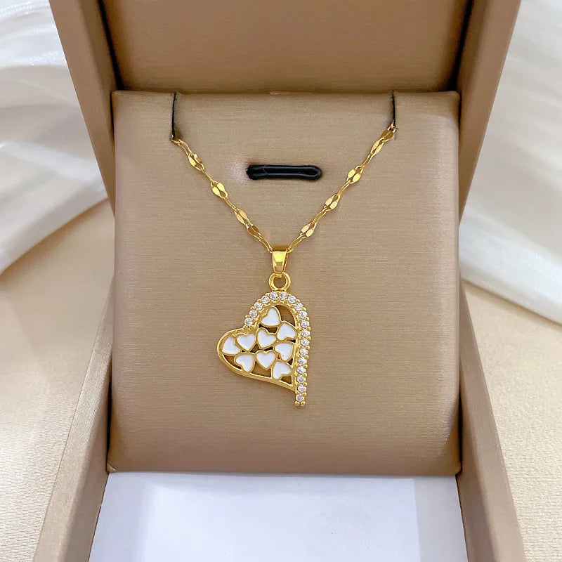 Luxury Full Zicron Shiny Heart Necklace for Women Titanium Steel Gold Color Anti-Tarnish Romantic Pendant Necklace