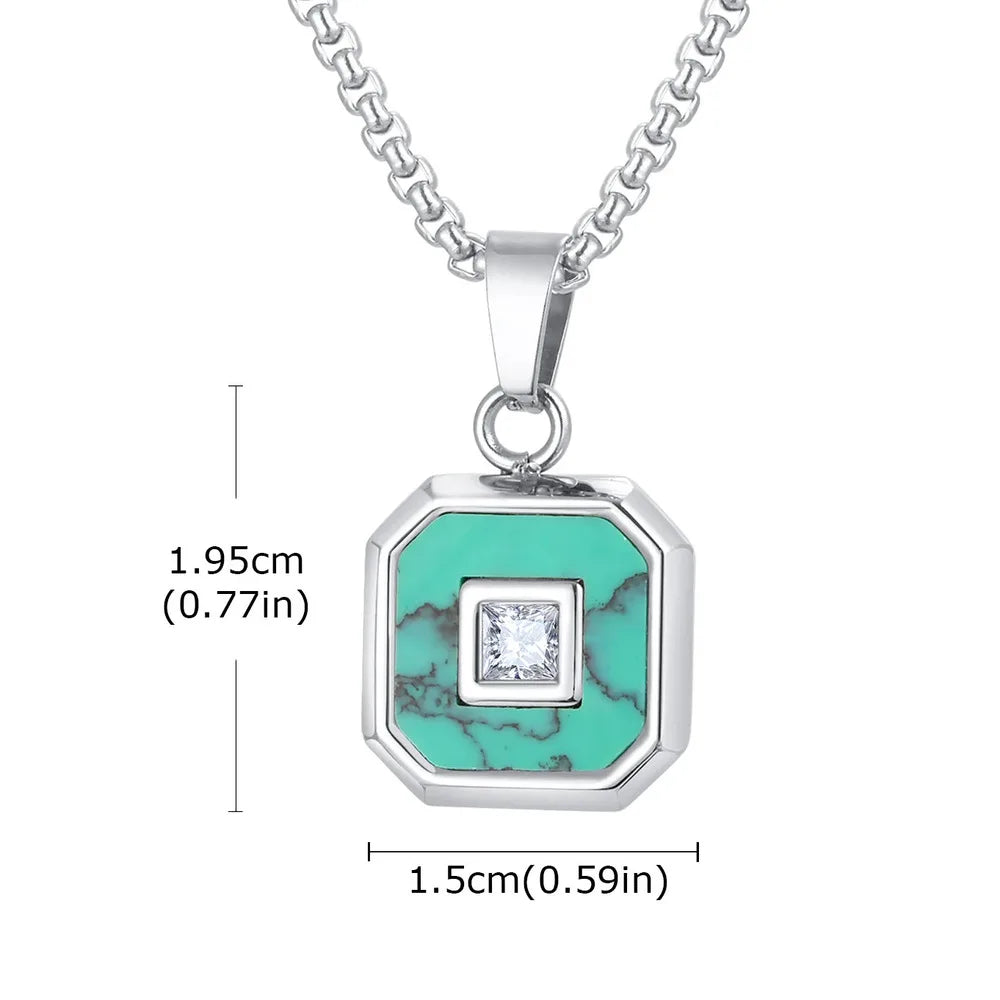 Vnox Turquoise Pendant Necklace for Men, Stainless Steel Box Chain Geometric Square Compass Natural Stone Vintage Jewelry Gift